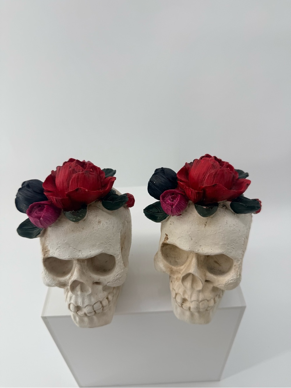 Decorative Skull Vase with Red Floral Accent - Home Accents